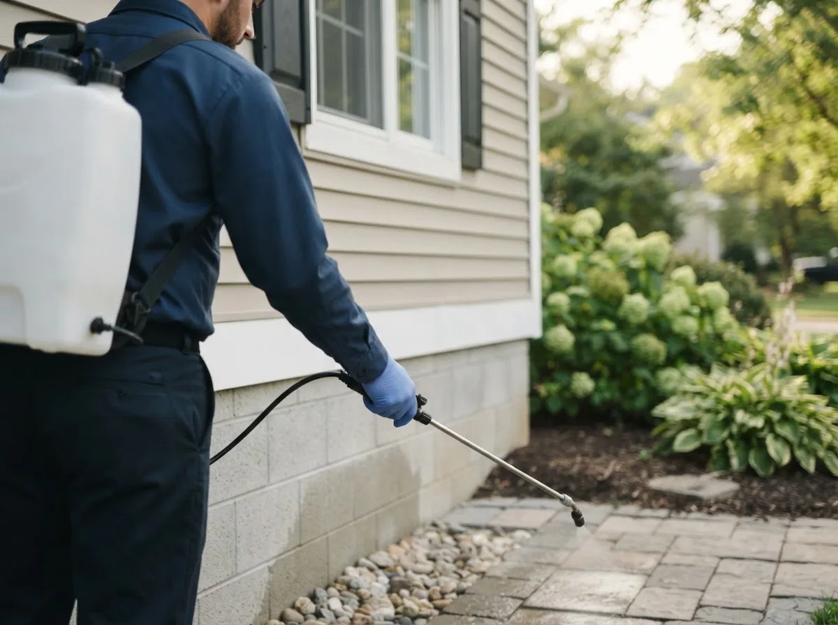Pest control technician inspecting a home in Manson, IA